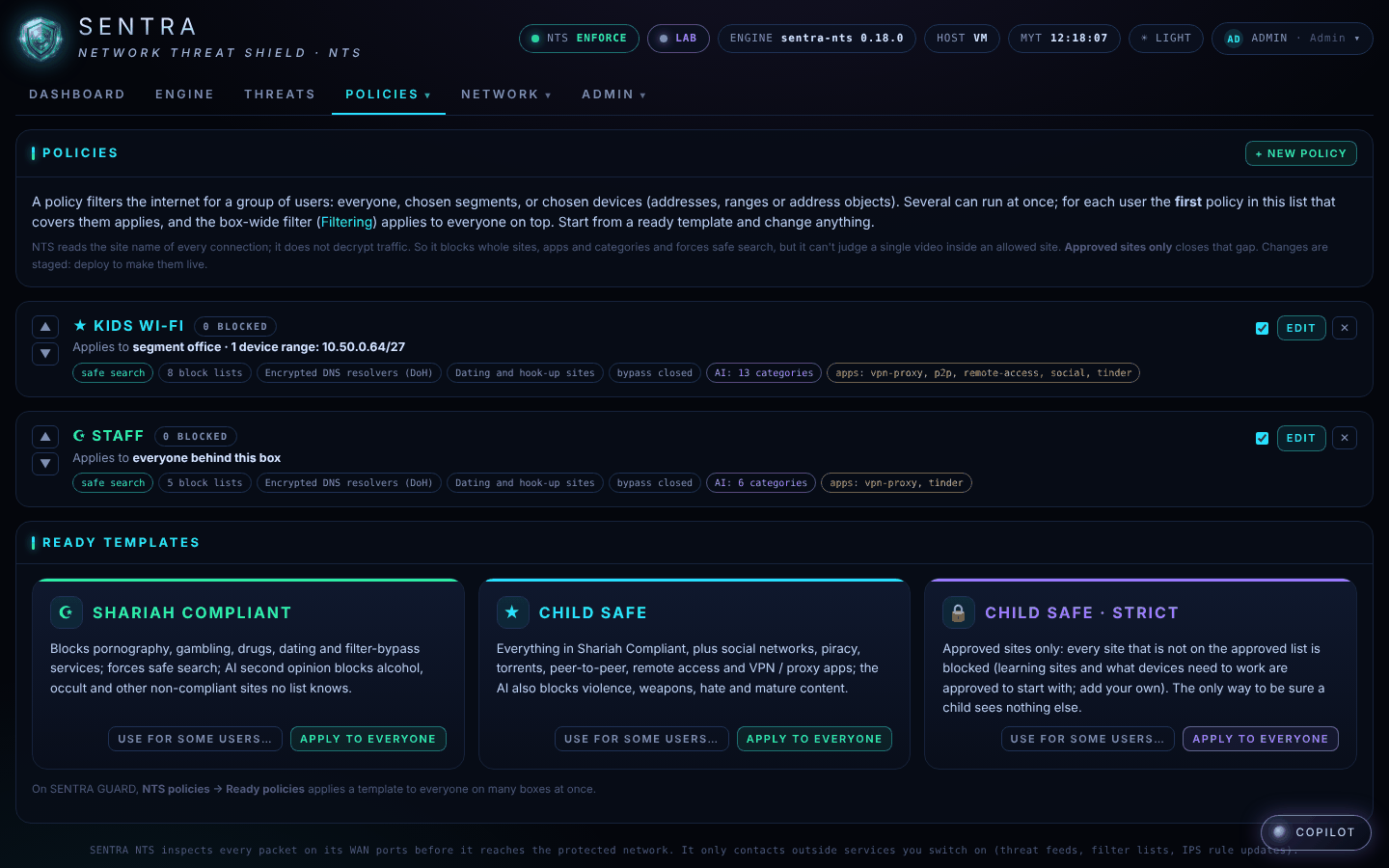 Policies on the NTS console.